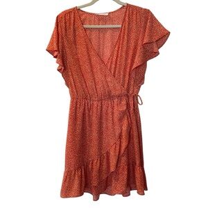 ALL IN FAVOR Cross Over Tie Front Ruffle Midi Patterned Sundress Orange Medium